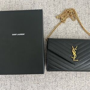 Saint Laurent Black Chevron Leather Clutch with Gold Chain
